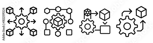 Set of line icons depicting data processing, system integration, workflow automation, and blockchain technology concepts