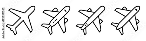 Four simple handdrawn airplane icons, line art outlines for travel, aviation, and transport
