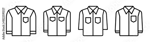 Mens shirts line icon set, featuring various sleeve lengths and pocket designs, representing casual and formal wear options for apparel