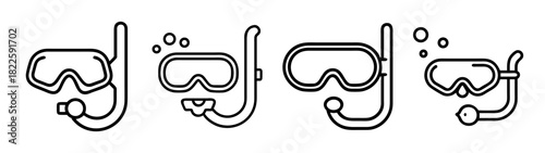 Set of four outline icons depicting various snorkeling masks and diving equipment with snorkels, some showing underwater bubbles