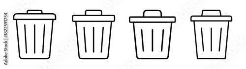 Four line art icons of trash cans or waste bins, representing delete, recycle, or disposal concepts