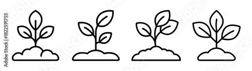 Set of four minimalist line art icons depicting young plants or seedlings growing from soil, symbolizing growth, nature, and new beginnings
