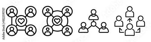 Line icons depicting social network, community, connection, relationship, and communication among people, with concepts of love and interaction