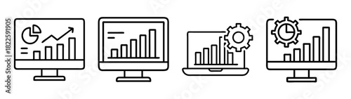 Data analysis and business intelligence icons set featuring charts, graphs, and reports on monitors and laptops with settings