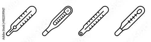 Line art icons of medical thermometers, representing health, fever, temperature measurement, and illness