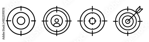 Line art target icons set representing goals, focus, user targeting, and successful achievement with an arrow hitting the bullseye