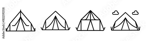 Set of four minimalist line art tent icons for outdoor adventure, camping, and travel, representing shelter and exploration