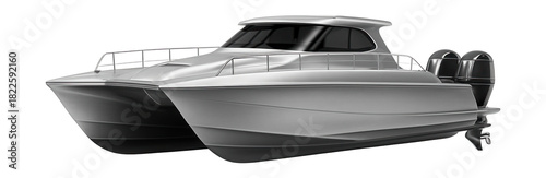 Aluminum catamaran featuring dual engines and a streamlined design.