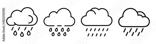 Set of four outline rain cloud icons showing different types of precipitation, representing weather conditions and forecasts
