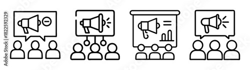 Line icons set public speaking, announcements, and presentations to an audience, featuring megaphones and groups of people for communication concepts