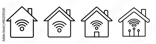 Smart home wifi network icons set, illustrating wireless internet connectivity and digital technology within a house
