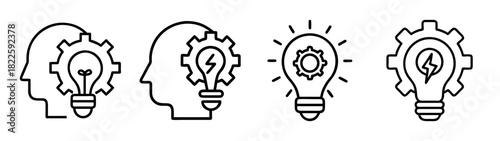 Idea generation and creative thinking process line icons set, featuring lightbulbs, gears, and human head silhouettes, representing innovation, problemsolving, and development concepts