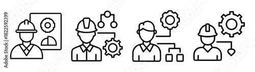 Line icons depicting engineering, construction, and management roles with workers, gears, blueprints, and process diagrams