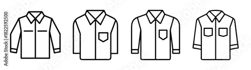 Collection of various mens shirts line icons including long sleeve with and without pockets, and threequarter sleeve with two pockets, representing different styles of casual and formal wear
