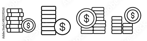 Set of dollar coin stacks icons in line art style, symbolizing money, finance, savings, investment, wealth, and economic growth
