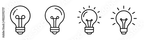 Set of line art lightbulb icons illustrating ideas, innovation, and energy, showing both off and on states