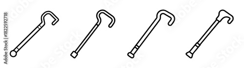 Set of various walking canes and sticks, line art icons for mobility and support