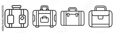 Set of various line art luggage and business bags, including suitcases and briefcases, representing travel, work, and personal items