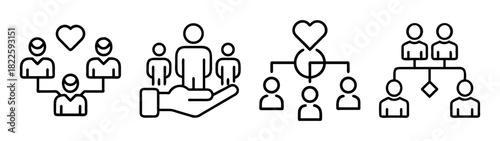 Line art icon set illustrating community, support, relationships, and organizational structures with people symbols and connections