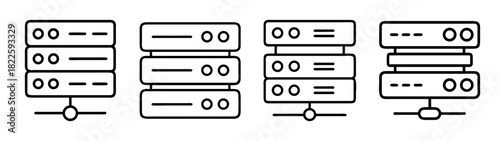 Line art icons of server racks and data storage, symbolizing network, cloud computing, and it infrastructure