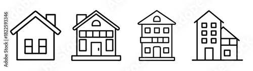 Set of line art icons featuring various houses and residential buildings, representing different architectural styles and property types