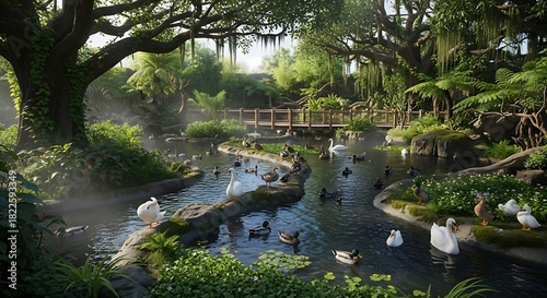 Fototapeta Naklejka Na Ścianę i Meble -  Serene park pond with swans and ducks under lush trees.