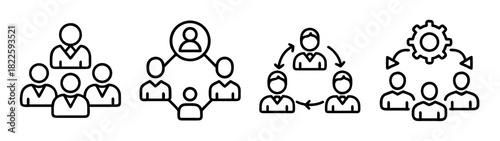 Teamwork, collaboration, management, and process line icons business organization and workflow concepts