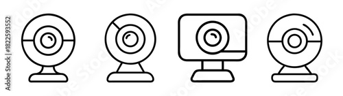 Four line art icons of webcams, depicting various styles of computer cameras for video conferencing and online communication
