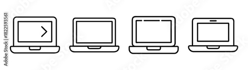 Collection of minimalist line art laptop computer icons, representing modern technology, digital work, and communication devices