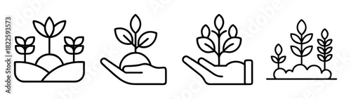Set of plant growth and gardening line icons featuring plants in soil, hands holding seedlings, and growing crops