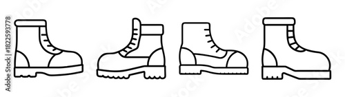 Work boots and hiking boots outline icons, durable footwear for outdoor and industrial use