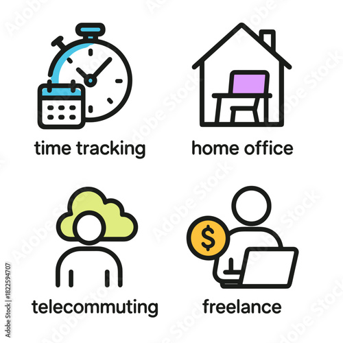 Line icon set of modern work styles and flexible employment, including time tracking, home office, telecommuting, and freelance, for remote work and productivity design.