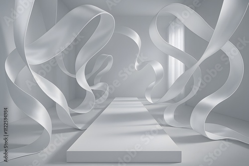 A fashion runway made entirely of white satin ribbons, blending winter serenity with high-fashion minimalism. Perfect for editorial and promotional use.