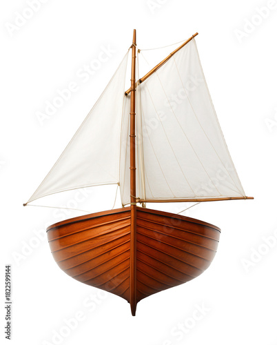 Traditional dinghy featuring polished wood planks and a gaff rig sail.