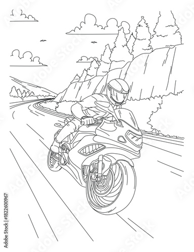 Motorcycle Rider on Mountain Road – Biker Line Art Illustration