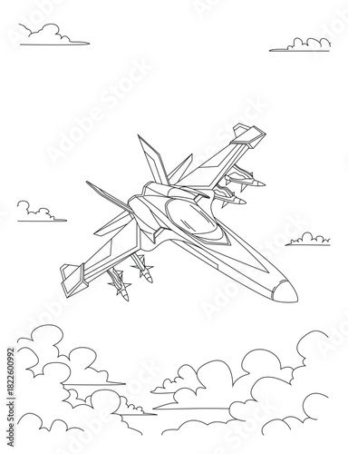 Fighter Jet in Flight – Military Aircraft Line Art Illustration