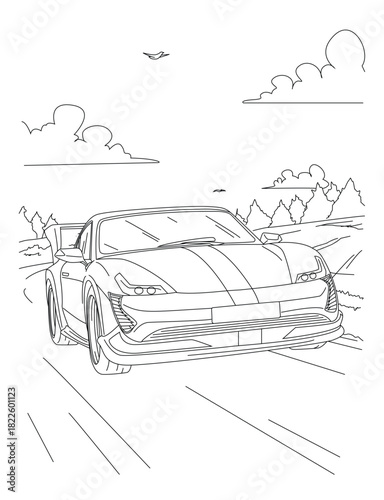 Striped Sports Car on Road – Line Art Illustration