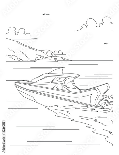 Boat on Water Near Coastline – Marine Line Art Illustration