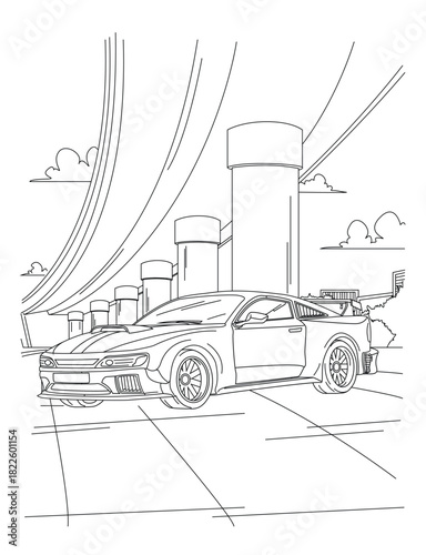Sports Car Under Overpass – Urban Highway Line Art Illustration