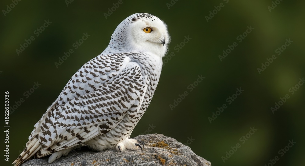 Fototapeta premium Majestic snowy owl perched on a rock with dark green background