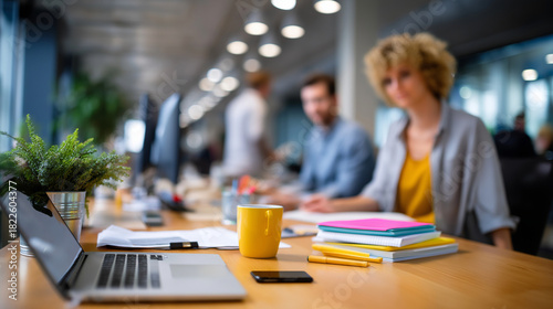 Wallpaper Mural Abstract defocused coworkers collaborating in an open office zone, foreground focused on desk details and stationery, with copy space Torontodigital.ca