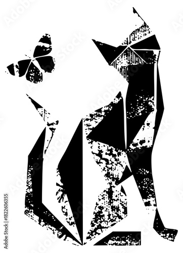 Cat gazes at butterfly in geometric illustration