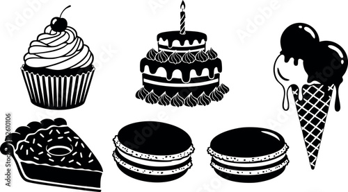 Black silhouette vector set of cupcake cake ice cream pie and macarons dessert icons