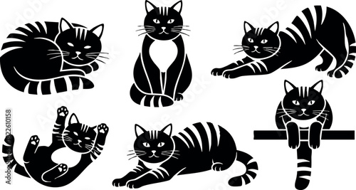 Black silhouette cats in various playful and resting poses vector illustration