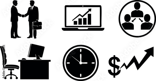 Business icons set with handshake laptop graph and office elements