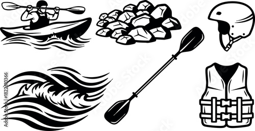 Kayaking equipment and water wave black silhouette vector set