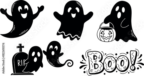 Halloween ghost silhouettes with pumpkin lantern and graveyard elements
