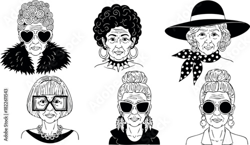 Stylish elderly women portrait illustration collection