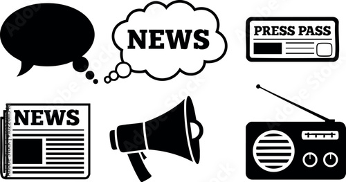 Black and white news media icons including newspaper megaphone radio and press pass
