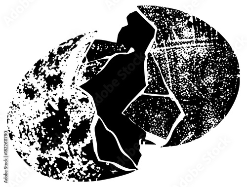 Broken egg reveals silhouette within texture